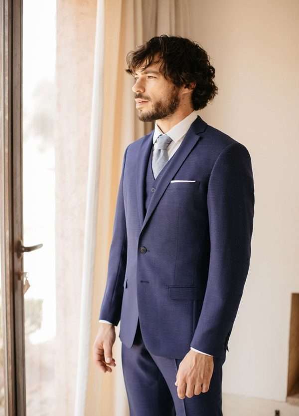 costume de mariage 3 pièces sur mesure en laine chiné bleu marine faubourg saint sulpice