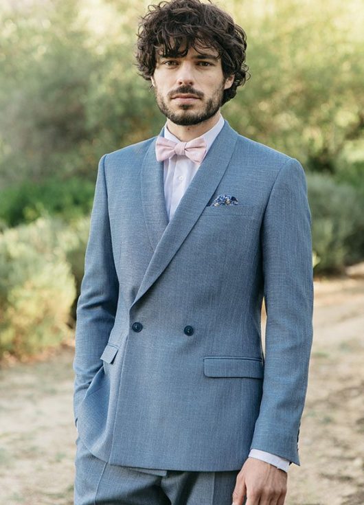 costume sur mesure mariage col châle bleu