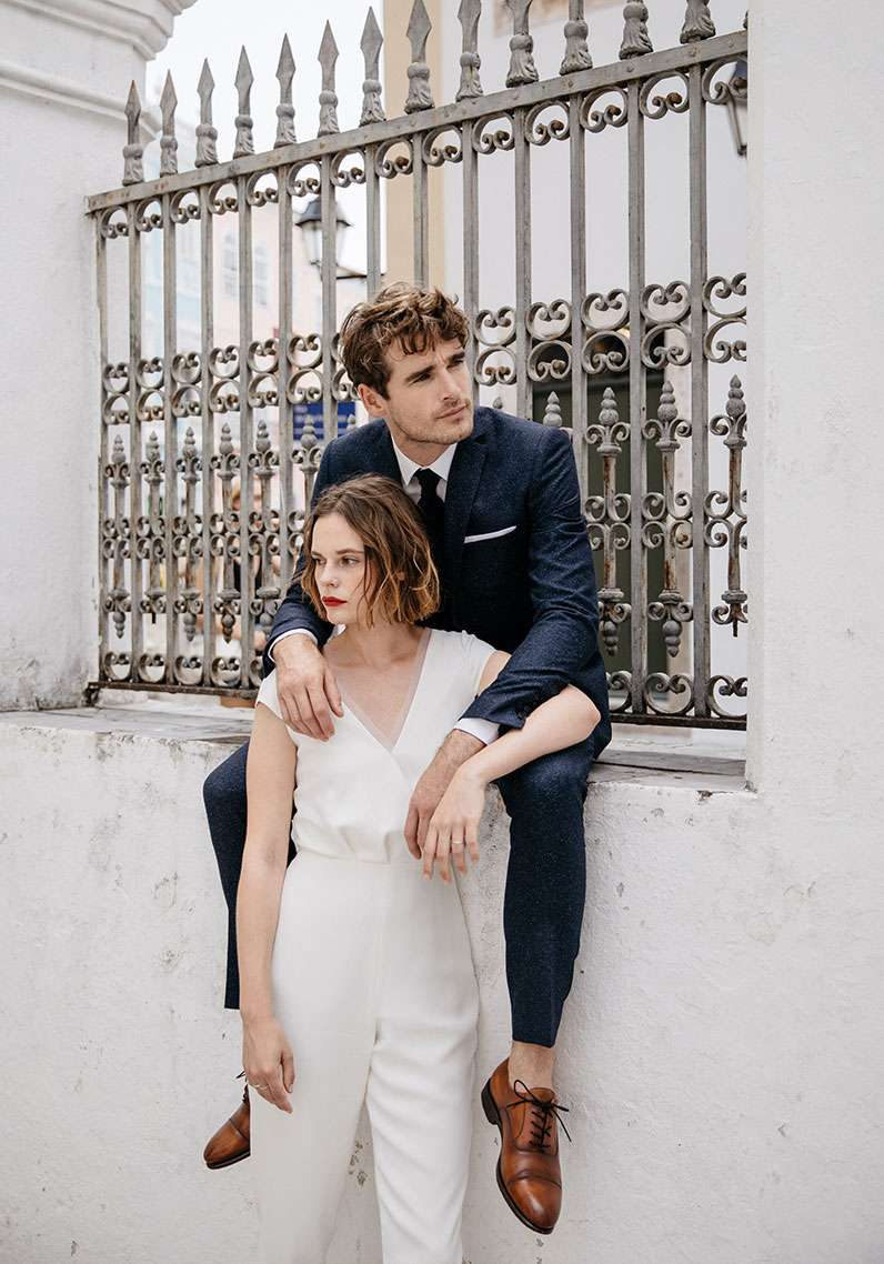 Costume 3 pièces mariage Eva Faubourg Saint Sulpice étoffe laine mouchetée bleu sur mesure tailleur paris homme